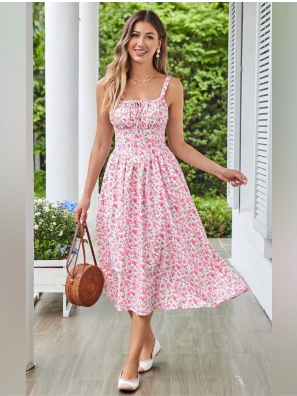 Scarlet Darkness Pink Floral Corset Midi Dress with Smocked Bodice-L